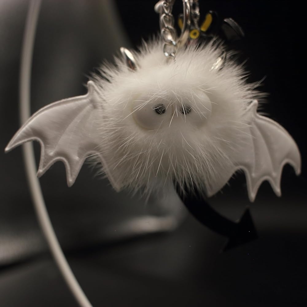 White Furry Bat Keychain Charm with Mini Bat Accent - Picture 3 of 9